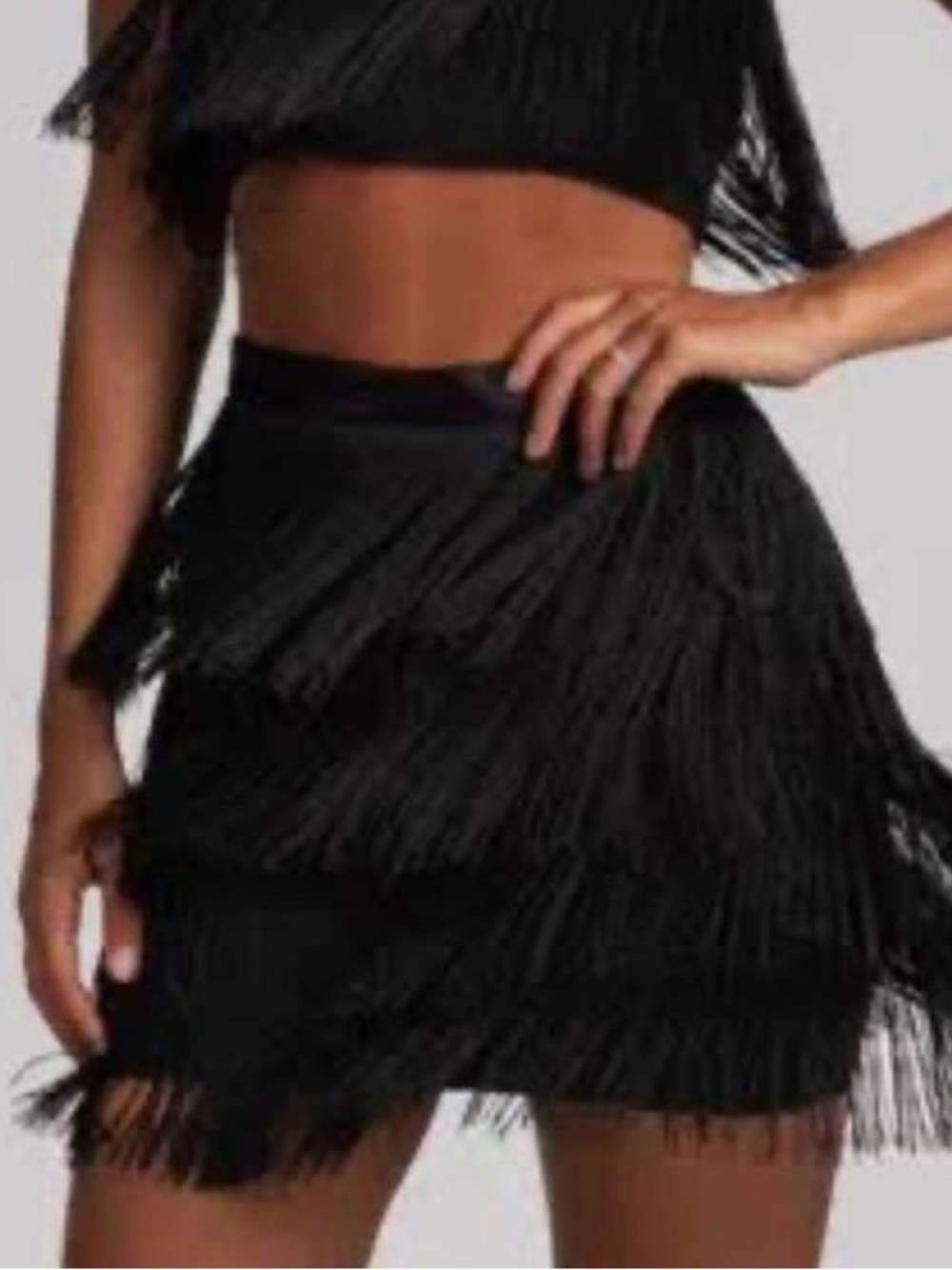 Meshki Black Fringe Tiered Mini Skirt